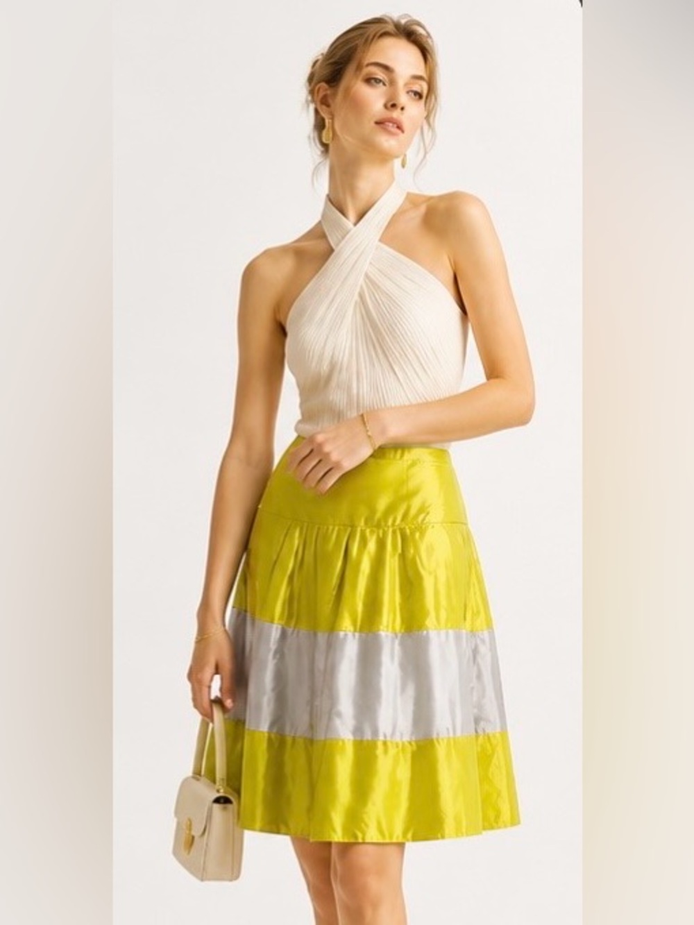 J CREW Collection Skirt Taffeta Silk Cotton Stripe Colorblock Full Dirndl Yellow